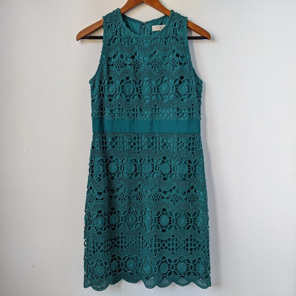 Ann Taylor LOFT Teal Lace Overlay Sheath Dress